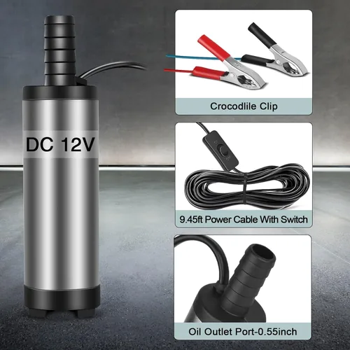 Vista 4 de Bomba de transferencia de combustible 12V, mini portátil de acero inoxidable con interruptor de encendido/apagado, bomba de agua para transferencia