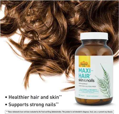 Vista 3 de Country Life Maxi-Hair-Skin & Nails-2,000 mcg de biotina, libre de PABA, 90 tabletas