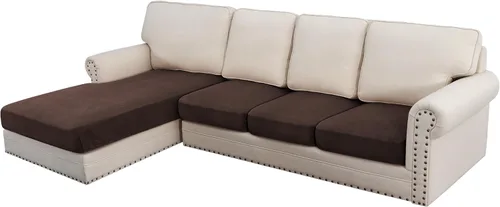 Vista 140 de H.VERSAILTEX - 4 fundas elásticas de terciopelo para cojín de sofá modular en forma de L (sofá grande de 3 plazas + 1 diván, color marfil)
