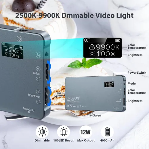 Vista 4 de ENEGON Luz de vídeo LED recargable de montaje bicolor de 4000mAh con mini panel para cámaras DSLR profesionales Iluminación para foto y video