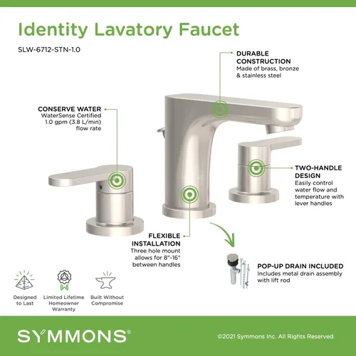 Vista 6 de Symmons SLW-6712-STN-1.0 Identity Grifo de baño de 2 manijas con montaje de drenaje en níquel satinado (1.0 GPM)