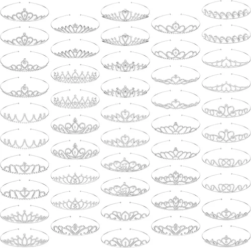Yunlly Juego de 48 coronas de tiara de cristal, tiaras de fiesta de princesa, accesorios de corona de diamantes de imitación plateados a granel para