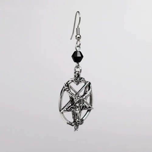 Vista 6 de Baphomet - Pendientes colgantes con diseño de cabeza de cabra invertida, acabado plateado, Peltre, acero quirúrgico
