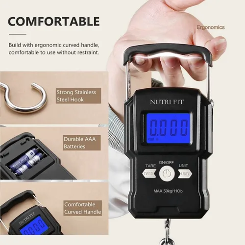 Vista 7 de NUTRI FIT Báscula de equipaje digital para maleta, báscula portátil para viajes, báscula de peso de pescado de mano con gancho para pesca, 110