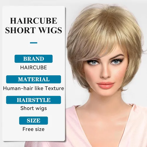 Vista 2 de HAIRCUBE Peluca corta rubio ceniza con fleco, pelucas de corte pixie en capas para mujer, fibra sintética de memoria saludable, pelucas sin #25