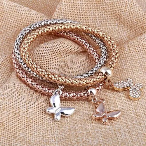 Vista 4 de SILANER Pulseras multicapa con dijes de cristal, 3 unidades, oro y plata, oro rosa, pulsera elástica en forma de corazón para mujer, árbol de la vida