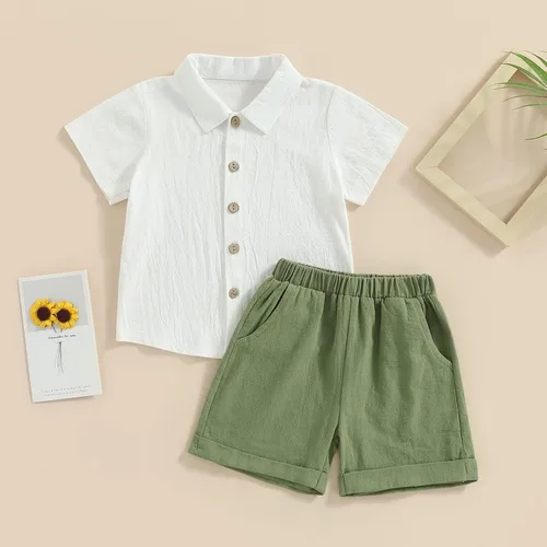 Vista 2 de Karuedoo Conjunto de 2 piezas de ropa de algodÃ³n y lino de manga corta con botones y pantalones cortos para el verano