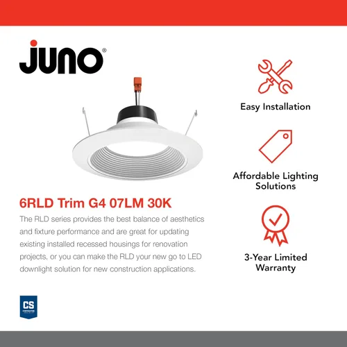 Vista 2 de Juno Iluminación LED empotrable de 6 pulgadas, serie G4 retrofit, lámpara de techo para cocina o ducha, 700 lúmenes, 3000 K blanco cálido