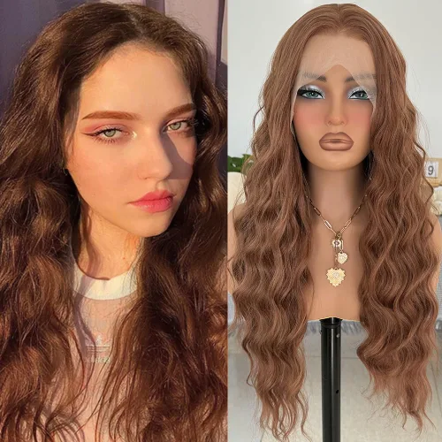 RONGDUOYI Pelucas de encaje frontal sintético marrón 30 para mujer, 13 x 4, peluca larga de onda profunda, raya en medio, línea capilar natural, uso