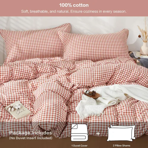 Vista 214 de SAPHREAS Juego de funda de edredón de algodón, tamaño King, a cuadros color gris oscuro y gris, geométrico, 3 piezas, 1 funda de edredón y 2 fundas