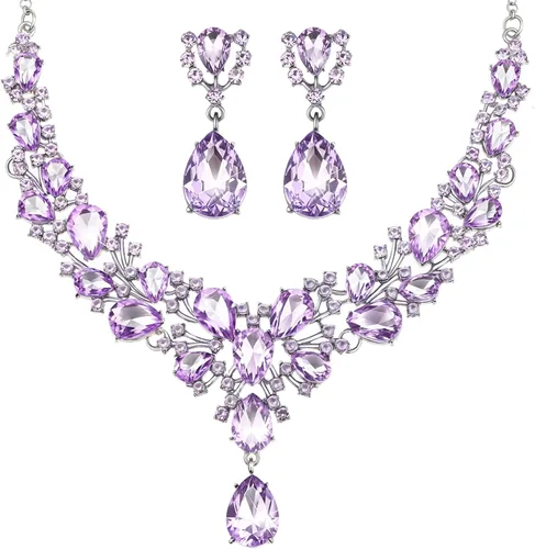 Vista 7 de Hicarer Conjunto de joyas de cristal en forma de lágrima nupcial para mujer, collar, aretes, boda Negro