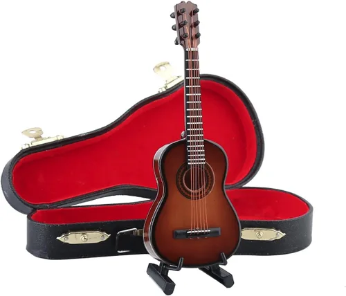 Vista 5 de Guitarra miniatura de madera con soporte y estuche, mini instrumento musical, réplica de guitarra clásica, figuras coleccionables