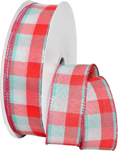 Morex Ribbon Tres Chic - Tafetán con alambre, 1-1/2 pulgadas por 50 yardas, aguamarina/rosa concha/blanco