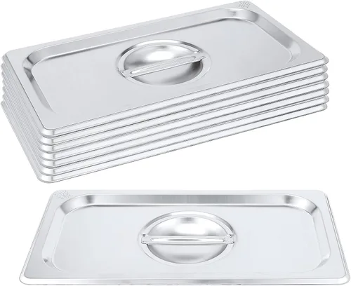 PINGEUI Paquete de 8 tapas de mesa de vapor de acero inoxidable de tamaño 1/3, cubierta sólida para sartén de hotel con asa para bandeja de