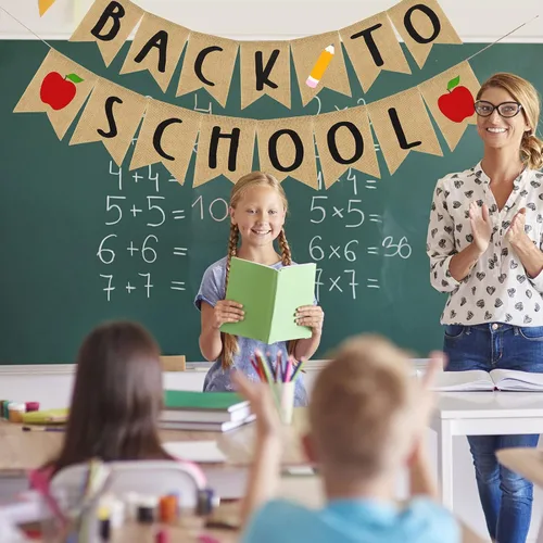 Vista 5 de AnyDesign Cartel de regreso a clases, 2 paquetes, premontado, arpillera rústica, 118 pulgadas, color negro