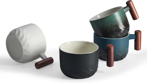 Vista 2 de Tazas de café de cerámica de 6 onzas con mango de madera, tazas de café pequeñas para capuchino con leche, juego de 4 tazas de té