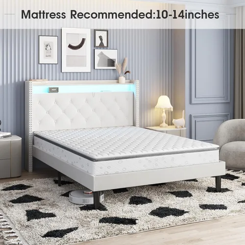 Vista 7 de Vabches Base de cama de tamaño matrimonial con cabecera LED, plataforma tapizada de terciopelo con luces y estación de carga, cabecera