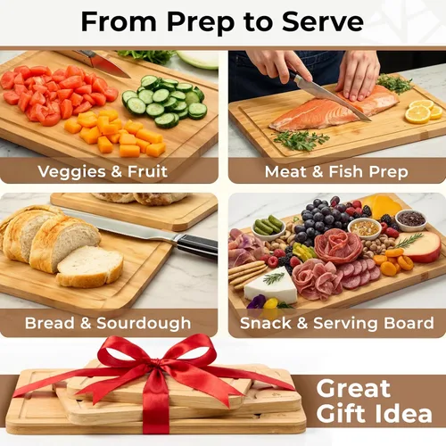 Vista 7 de Juego de tablas de cortar de bambú de 3 piezas - Tablas de cortar de madera gruesas y duraderas con ranuras profundas para jugo y asas incorporadas