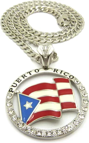 Vista 7 de Bandera de Puerto Rico Ronda Colgante 7mm 30" Collar Cadena Cubana En Tono De Plata