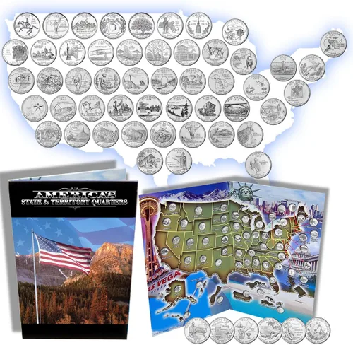 Set completo de 50 monedas de un cuarto de dólar sin circular (99-08) de Estados Unidos + 6 monedas de un cuarto de dólar de los territorios del