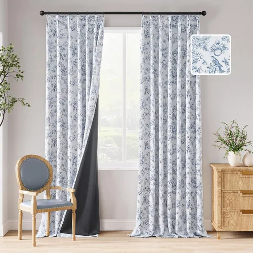 Vista 38 de jinchan Cortinas Opacas Florales 95% de 63 Pulgadas de Largo, Cortina Opaca con Flores Impresas Azules para Dormitorio con Bolsillo para Varilla