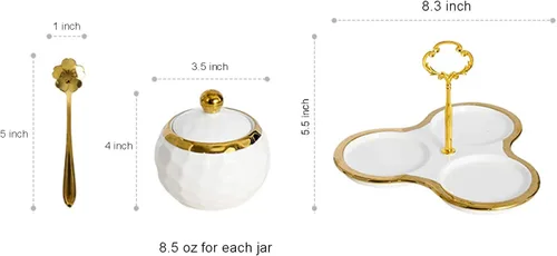 Vista 4 de Recipiente de porcelana de golf para condimentos y sal con tapa, cuchara y bandeja, juego de 3, moderno tarro de condimentos para especias, blanco