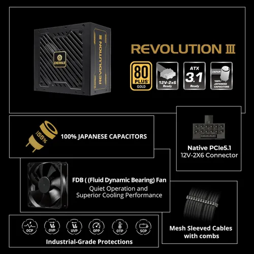 Vista 2 de ENERMAX Revolution III 850 - Fuente de alimentación PC totalmente modular - 850 vatios - 80 Plus Gold - 600 W 12V-2x6 Conector - 100% Capacitores