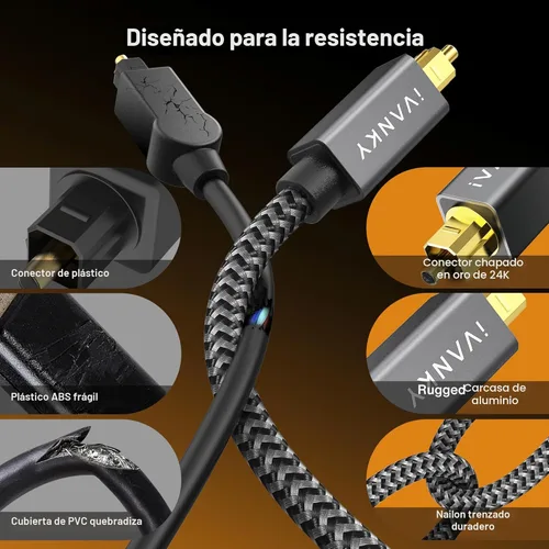 Vista 4 de Cable de audio óptico IVANKY, cable de fibra óptica Toslink de 10 pies, cable de audio óptico digital S/PDIF para barra de sonido, sistemas estéreo