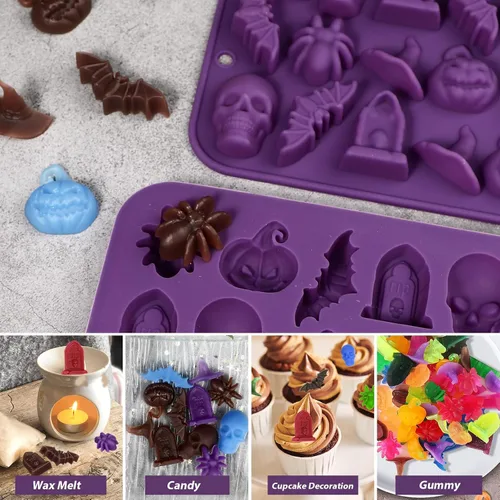 Vista 2 de Webake Moldes de silicona 3D para dulces de Halloween con 18 cavidades con forma de calavera, calabaza, sombrero de bruja, murciélago y araña