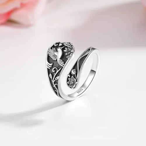 Vista 2 de Spoon Ring Sterling Silver Hummingbird Ring Vintage Antique Spoon Rings Adjustable Thumb Rings for Women