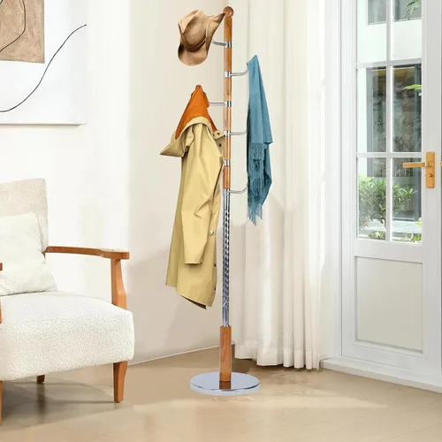 Vista 12 de Heavy Coat Rack Freestanding, Natural Wood Hall Tree, Adjustable Height 73in and Versatile 14 Hooks for Entryway, Porch, Living Room, Bedroom, Home