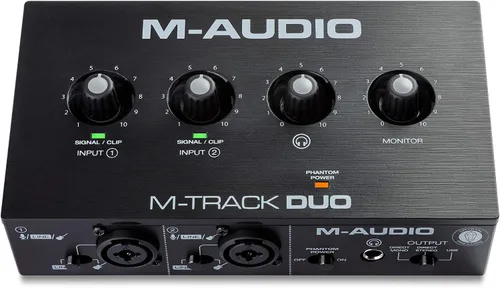 M-Audio M-Track Duo. Interfaz de audio USB para grabación, transmisión y podcasting con entradas dobles XLR, línea y DI, además de un paquete de