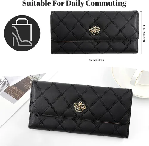 Cartera larga de cuero con tres pliegues para mujer, con cremallera, hebilla elegante, cartera de mano para mujer, color negro