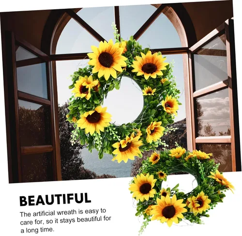 Vista 2 de Guirnalda de girasoles con luces para puerta de Acción de Gracias, coronas de girasol, coronas de girasol para puerta delantera, corona de puerta