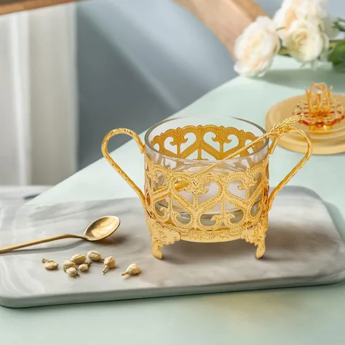 Vista 2 de Flylin Azucarero, azucarero turco con cuchara de azúcar y tapa, recipiente de doble soporte, recipiente para condimentos, tarro de vidrio