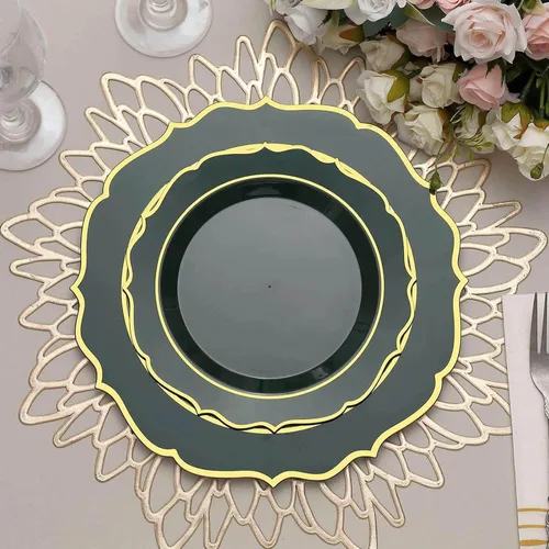 Vista 14 de Efavormart - Paquete de 10 platos de ensalada de postre de plástico gris pardo de 8 pulgadas, vajilla desechable redonda con borde festoneado dorado