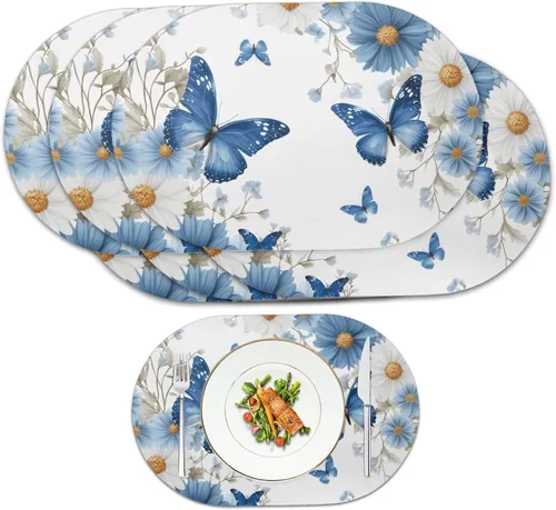 Vista 25 de Blue Flower Dining Table Mats Set of 2 Hummingbird Heat Resistant Placemats Washable and Wipeable Non Slip Place Mat, Waterproof Modern Dining Table