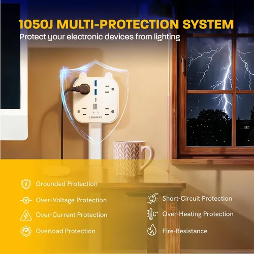 Vista 11 de Barra extensora de toma, enchufe de pared giratorio de 360° con 4 salidas de CA, carga rápida USB-C PD de 20 W, 2 puertos USB-A y 2 puertos USB-C