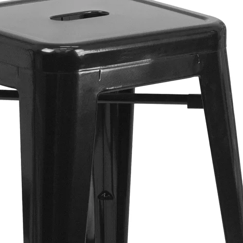 Vista 5 de Taburete de 24 pulgadas de alto para interior y exterior con asiento cuadrado., Metal, Negro
