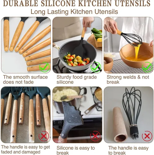 Vista 6 de Umite Chef Juego de utensilios de cocina, 33 piezas de espátulas de cocina de silicona antiadherentes con soporte, mango de madera juego de Negro