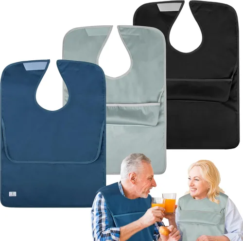 Vista 18 de Paquete de 2 baberos para adultos con recogedor de migas para hombres, baberos ajustables para comer, protectores de ropa impermeables y lavables