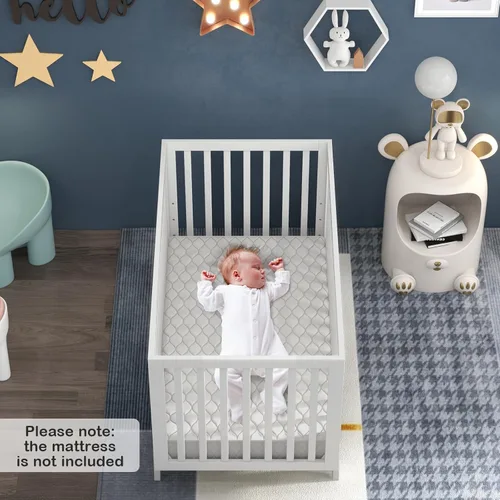 Vista 7 de BABY JOY Cuna de madera para bebé, cuna de madera de goma con base de soporte de colchón ajustable de 3 alturas y barandillas de longitud completa