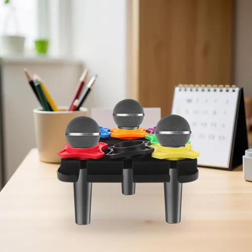 Vista 9 de jojofuny Soporte de micrófono múltiple para 7 micrófonos, soporte de escritorio para 7 micrófonos inalámbricos o con cable, soporte de micrófono