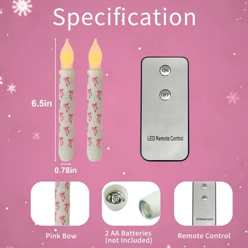 Vista 2 de Valentine Day Flameless Taper Candles with Pink Bow, 6.5" LED Candles with Remote, 2 Pack Flickering Battery Operated Candlesticks for Proposal