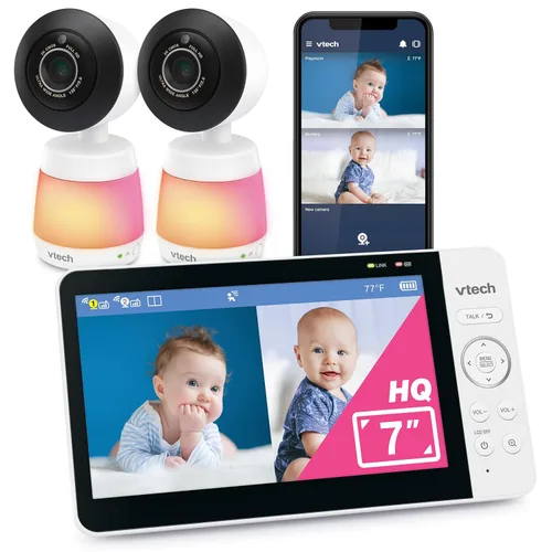VTech Monitor de bebé inteligente WiFi con 2 cámaras, video FHD de 1080p, aplicación gratuita con videos de movimiento, alertas de