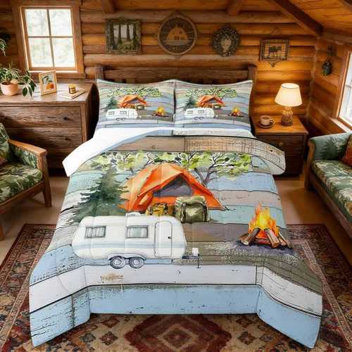 Vista 19 de Castle Fairy Juego de ropa de cama de estilo rústico de granja para niños y niñas, con temática de caravanas de dibujos animados, juego de edredón