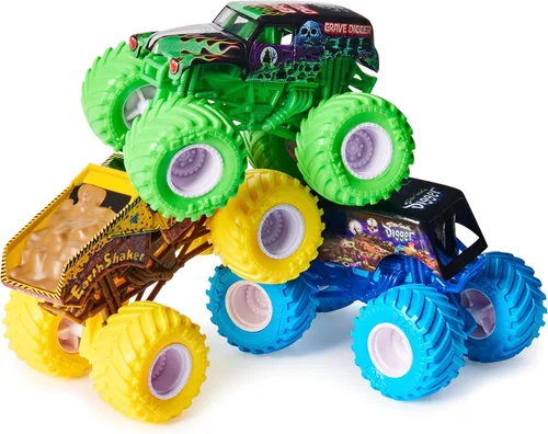 Vista 2 de Monster Jam, Ground Shaker - Paquete de 3 unidades (Grave Digger, El Toro Loco y Blue Thunder), vehículos fundidos a escala 1:64