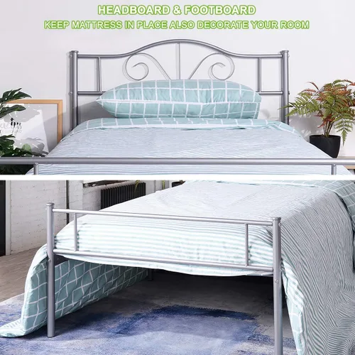 Vista 7 de Cabecero de cama de metal resistente para cama individual, estructura de acero, revestimiento de plata, estilo retro, sin necesidad