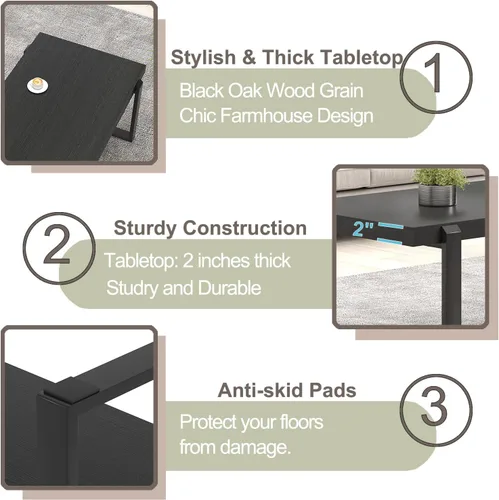 Vista 5 de FOLUBAN Mesa de café negra, mesa central moderna de madera y metal industrial, mesa rectangular de cóctel y té para sala de estar, 47 pulgadas