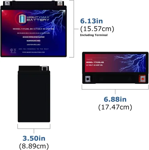 Vista 2 de Batería Mighty Max YTX20L-BS - 12 V 18 Ah, 270 CCA, Batería SLA AGM para motocicleta recargable sin mantenimiento